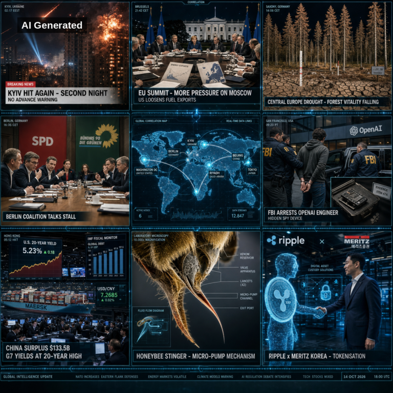AI Generated - Nine-panel intelligence collage for the Daily Intelligence Briefing, 14 October 2026 (D136): Russian ballistic missiles strike Kyiv for a second night without advance warning, hitting a residential tower and the CHP-4 power plant; European Council leaders meeting in Brussels demand more pressure on Moscow while Washington loosens Russian fuel exports; drought-stricken Saxony forest with falling tree vitality; Berlin SPD-Greens-Left exploratory coalition talks stalled; holographic global correlation map linking Kyiv, Riyadh, Berlin, Washington, Beijing and Tokyo; FBI agents arresting a Saudi OpenAI engineer over a hidden recording device planted in an executive conference room; China's record $133.5 billion September trade surplus with exports up 36.3 percent and G7 bond yields at 20-year highs per IMF fiscal warning; honeybee stinger revealed as a double-piston micro-pump under laboratory microscopy; Ripple partnering with South Korea's Meritz Securities on institutional custody and tokenisation for Korean capital markets.