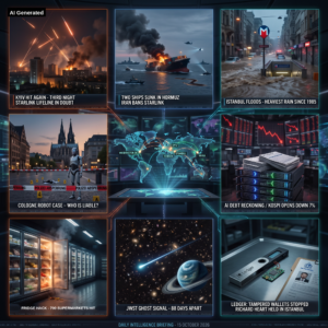 AI Generated - Nine-panel intelligence collage: Kyiv third-night strikes and Starlink dispute, two ships sunk in the Strait of Hormuz, Istanbul heaviest rainfall since 1985, Cologne robot liability case, holographic world map with six data nodes, AI-debt reckoning with Kospi down 7 percent, fridge hack hitting 700 supermarkets, JWST ghost signal 88 days apart, Ledger tampered wallets and Richard Heart arrest.