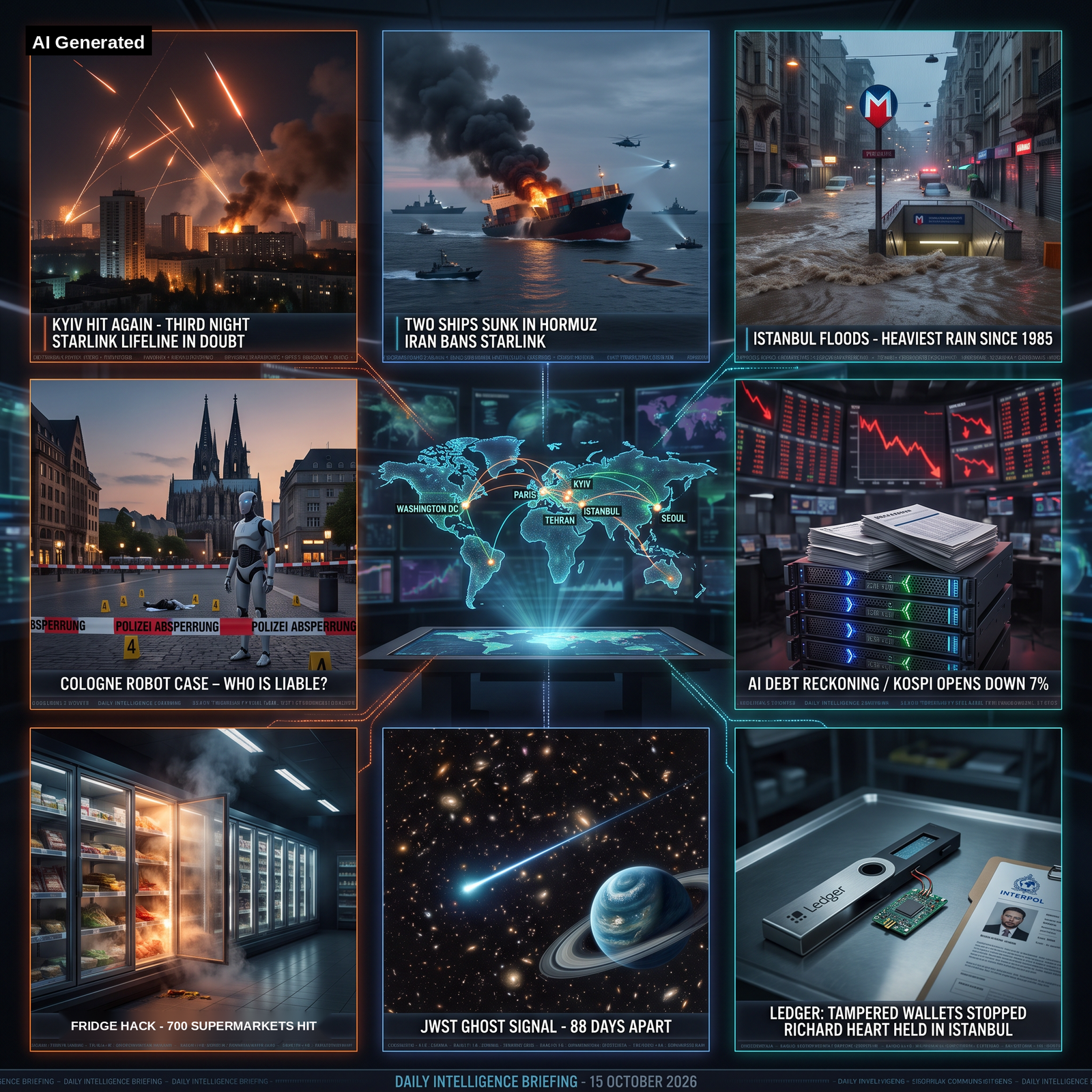 AI Generated - Nine-panel intelligence collage: Kyiv third-night strikes and Starlink dispute, two ships sunk in the Strait of Hormuz, Istanbul heaviest rainfall since 1985, Cologne robot liability case, holographic world map with six data nodes, AI-debt reckoning with Kospi down 7 percent, fridge hack hitting 700 supermarkets, JWST ghost signal 88 days apart, Ledger tampered wallets and Richard Heart arrest.