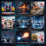 AI Generated - Nine-panel intelligence collage: Trump-Zelensky rupture at White House; Iran's 135 strikes on 84 Gulf sites burning oil terminal; Henderson fire at Camp Pendleton; Alberta secession referendum; holographic global overview map; Waymo robotaxi; AI-debt reckoning trading floor; star devouring its companion; MSCI bitcoin treasury exclusion.