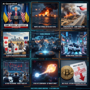 AI Generated - Nine-panel intelligence collage: Trump-Zelensky rupture at White House; Iran's 135 strikes on 84 Gulf sites burning oil terminal; Henderson fire at Camp Pendleton; Alberta secession referendum; holographic global overview map; Waymo robotaxi; AI-debt reckoning trading floor; star devouring its companion; MSCI bitcoin treasury exclusion.