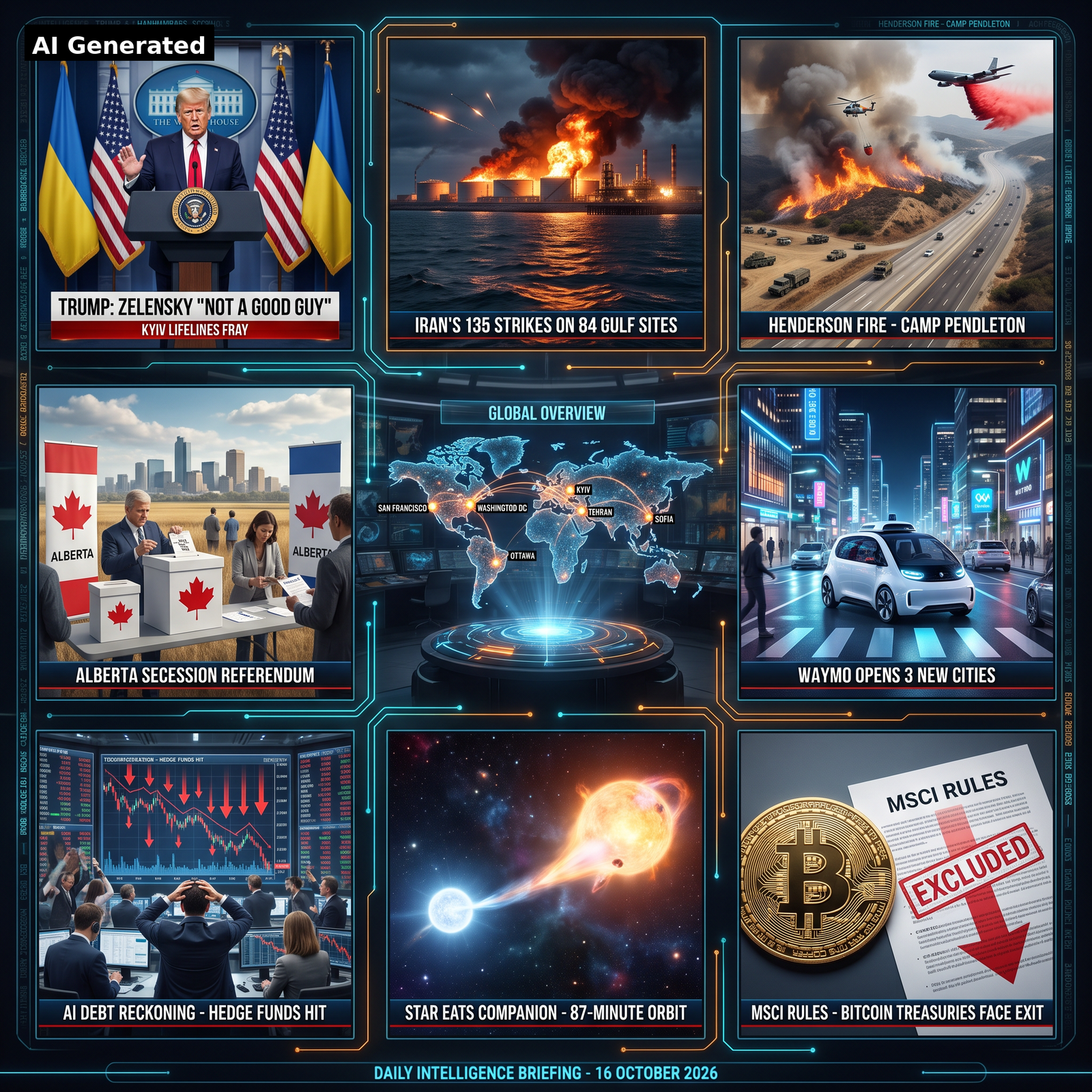 AI Generated - Nine-panel intelligence collage: Trump-Zelensky rupture at White House; Iran's 135 strikes on 84 Gulf sites burning oil terminal; Henderson fire at Camp Pendleton; Alberta secession referendum; holographic global overview map; Waymo robotaxi; AI-debt reckoning trading floor; star devouring its companion; MSCI bitcoin treasury exclusion.