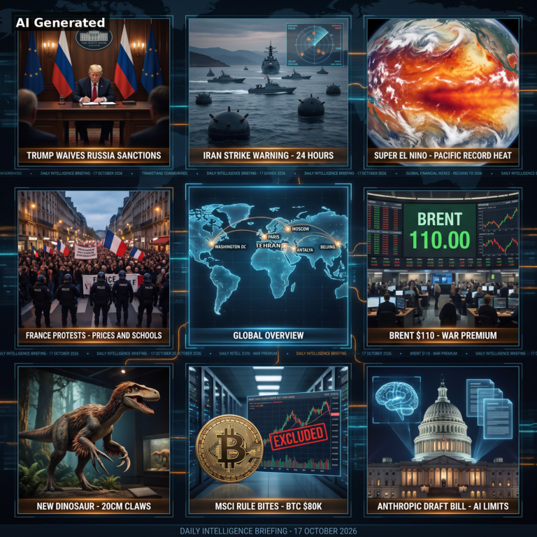 AI Generated - Nine-panel intelligence collage for D139: (1) Trump waives Russia sanctions at White House podium; (2) Iranian warships and naval mines, 24-hour strike warning; (3) super El Nino Pacific record heat from orbit; (4) France protests over prices and schools with tricolor flags; (5) holographic world map, GLOBAL OVERVIEW with Washington DC, Moscow, Paris, Tehran, Antalya, Beijing nodes; (6) trading floor with Brent 110.00 war premium board; (7) new feathered dinosaur predator with 20cm claws; (8) bitcoin coin with EXCLUDED stamp, MSCI rule bites BTC $80K; (9) US Capitol with holographic AI brain, Anthropic draft bill. Bottom ticker: Daily Intelligence Briefing - 17 October 2026.