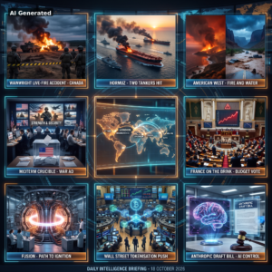 AI Generated - D140 Daily Intelligence Briefing cover: nine-panel intelligence collage - Wainwright live-fire accident in Canada, two tankers hit in the Strait of Hormuz, American West fire and water, midterm war-ad crucible, holographic world map with Ottawa, Washington DC, London, Jerusalem, Tehran, Beijing, Taipei and Paris nodes, France budget vote, fusion ignition, Wall Street tokenisation, Anthropic AI draft bill.