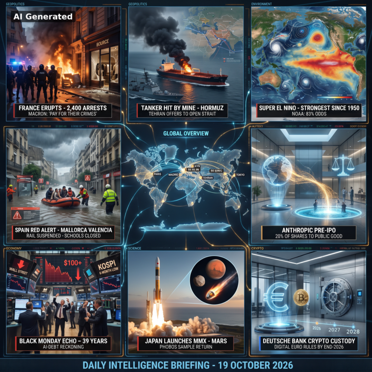 AI Generated - Nine-panel intelligence collage: France riots with 2,400 arrests and Macron address; oil tanker mined in the Strait of Hormuz; Super El Nino strongest since 1950; Spain red alerts in Mallorca and Valencia; global overview map; Anthropic pre-IPO public benefit pledge; markets AI-debt reckoning with Black Monday echo; Japan MMX Mars mission; Deutsche Bank crypto custody and digital euro timeline.