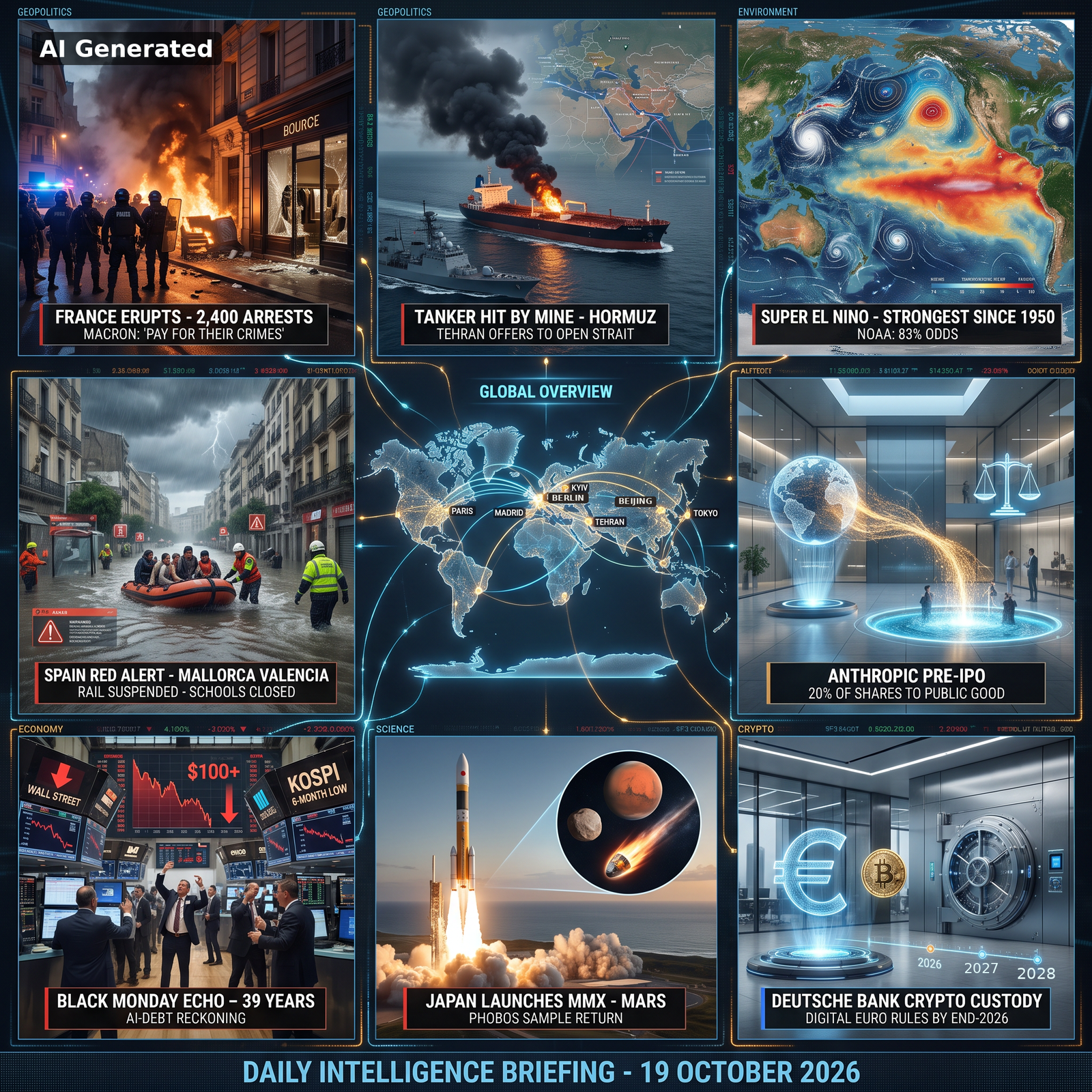 AI Generated - Nine-panel intelligence collage: France riots with 2,400 arrests and Macron address; oil tanker mined in the Strait of Hormuz; Super El Nino strongest since 1950; Spain red alerts in Mallorca and Valencia; global overview map; Anthropic pre-IPO public benefit pledge; markets AI-debt reckoning with Black Monday echo; Japan MMX Mars mission; Deutsche Bank crypto custody and digital euro timeline.