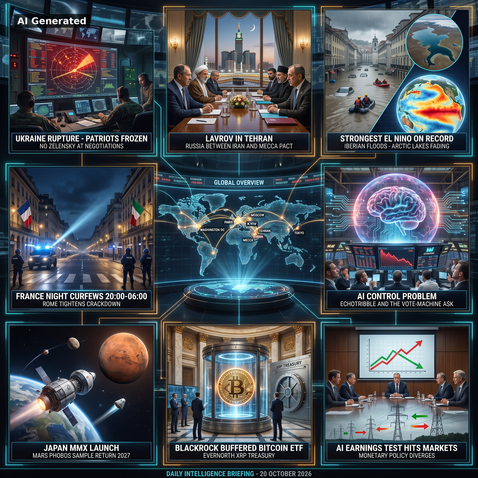 AI Generated - Nine-panel intelligence collage: Ukraine Patriots frozen as a Putin-Xi summit proceeds without Zelensky, Lavrov in Tehran between Iran and the Mecca Pact, strongest El Nino on record with Iberian floods and fading Arctic lakes, France night curfews, global overview map, AI control problem ECHOTRIBBLE, Japan MMX Mars Phobos sample return, BlackRock buffered bitcoin ETF with Evernorth XRP treasury, AI earnings test with diverging monetary policy