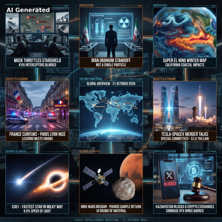 AI Generated - Nine-panel intelligence collage for the D143 Daily Intelligence Briefing: Musk throttles Starshield (Kyiv interceptors blinded), Iran uranium standoff (not a single particle), Super El Nino winter map (California coastal impacts), France curfews Paris-Lyon-Nice (Lecornu meets unions), global overview map, Tesla-SpaceX merger talks (special committees, $3.5 trillion), S301 fastest star in the Milky Way (8.5% speed of light), MMX Mars mission Phobos sample return, and Kazakhstan blocks 6 crypto exchanges (Coinbase, HTX, BingX barred).