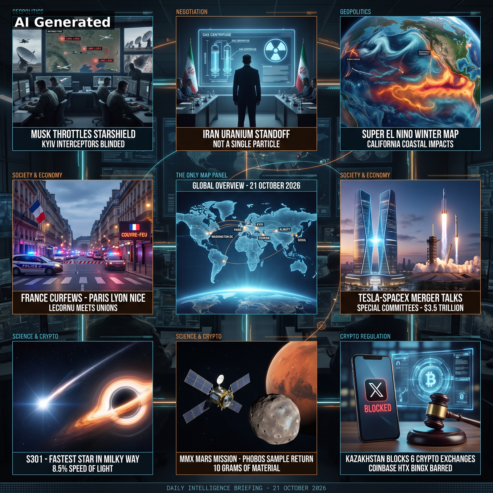 AI Generated - Nine-panel intelligence collage for the D143 Daily Intelligence Briefing: Musk throttles Starshield (Kyiv interceptors blinded), Iran uranium standoff (not a single particle), Super El Nino winter map (California coastal impacts), France curfews Paris-Lyon-Nice (Lecornu meets unions), global overview map, Tesla-SpaceX merger talks (special committees, $3.5 trillion), S301 fastest star in the Milky Way (8.5% speed of light), MMX Mars mission Phobos sample return, and Kazakhstan blocks 6 crypto exchanges (Coinbase, HTX, BingX barred).