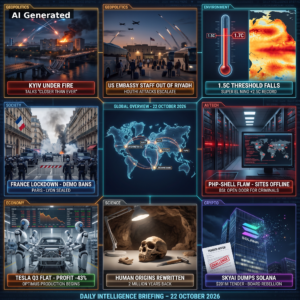 AI Generated - Nine-panel intelligence collage: Kyiv under missile fire amid peace-talk signals; US embassy staff evacuated from Riyadh under Houthi attacks; 1.5C climate threshold falls with record super El Nino; France lockdown with Paris and Lyon demonstration bans; global overview map with nodes at Kyiv, Riyadh, Paris, Washington DC, Johannesburg, Taipei; PHP-Shell flaw takes websites offline (BSI warning); Tesla Q3 flat with profit down 43% as Optimus production begins; Homo erectus origins rewritten 2 million years back; SkyAI dumps Solana treasury with $201M tender and board rebellion. Bottom ticker: Daily Intelligence Briefing - 22 October 2026.