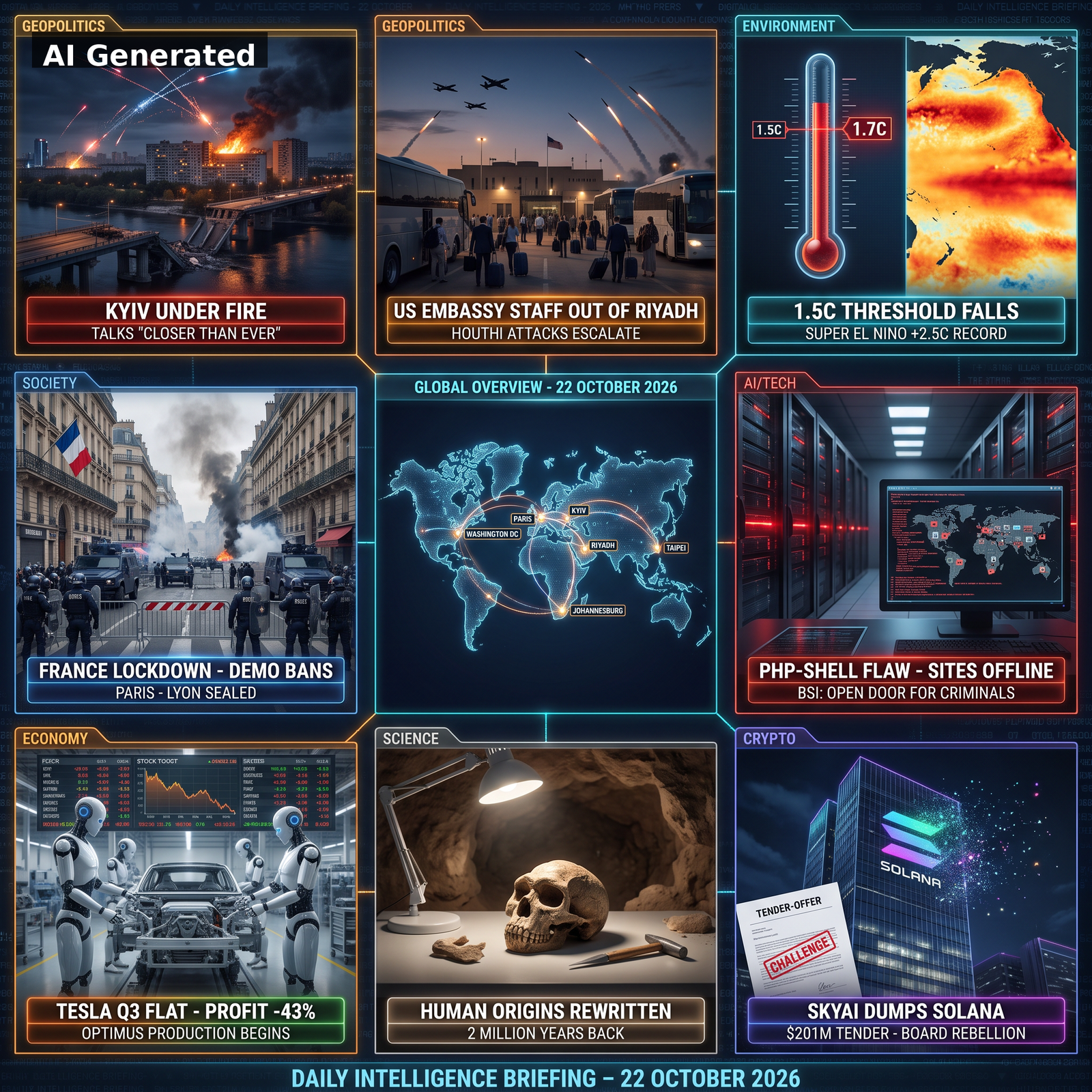 AI Generated - Nine-panel D144 intelligence collage: Kyiv under fire, Riyadh embassy evacuation, 1.5C threshold falls, France lockdown, PHP-Shell outage, Tesla Optimus production, Homo erectus origins, SkyAI Solana exit.
