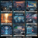 AI Generated. Nine-panel intelligence collage: Starlink back on in Kyiv with a mystery petrol drone loitering; the Gulf 72-hour strike clock over degraded Hormuz tracking; Ankara expands as a Turkish CENTCOM takes shape; Europe's deadliest summer with 50,000 dead; global overview map of 23 October 2026; the American midterm crucible with war ads; AI agents in elections as AI-capex tests hit markets; the yen safe-haven rush amid AI credit jitters; the Swiss spot BTC ETF approval and the Kalshi oil perpetuals clash.