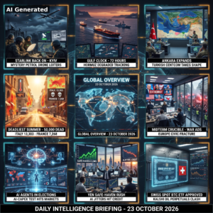 AI Generated. Nine-panel intelligence collage: Starlink back on in Kyiv with a mystery petrol drone loitering; the Gulf 72-hour strike clock over degraded Hormuz tracking; Ankara expands as a Turkish CENTCOM takes shape; Europe's deadliest summer with 50,000 dead; global overview map of 23 October 2026; the American midterm crucible with war ads; AI agents in elections as AI-capex tests hit markets; the yen safe-haven rush amid AI credit jitters; the Swiss spot BTC ETF approval and the Kalshi oil perpetuals clash.