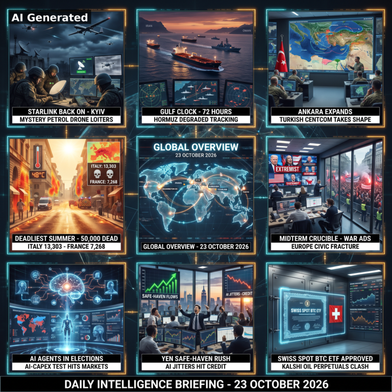 AI Generated. Nine-panel intelligence collage: Starlink back on in Kyiv with a mystery petrol drone loitering; the Gulf 72-hour strike clock over degraded Hormuz tracking; Ankara expands as a Turkish CENTCOM takes shape; Europe's deadliest summer with 50,000 dead; global overview map of 23 October 2026; the American midterm crucible with war ads; AI agents in elections as AI-capex tests hit markets; the yen safe-haven rush amid AI credit jitters; the Swiss spot BTC ETF approval and the Kalshi oil perpetuals clash.