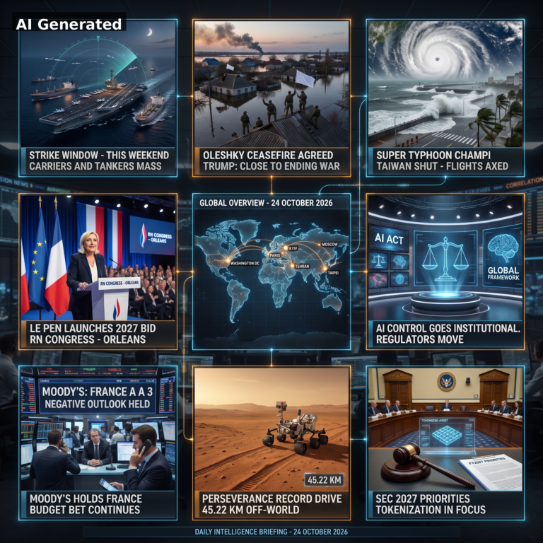AI Generated - Nine-panel intelligence collage: strike window over Iran, Oleshky ceasefire, Typhoon Champi, Le Pen 2027 launch, global overview map, AI control institutional, Moody's France hold, Perseverance 45.22 km record, SEC 2027 tokenization priorities