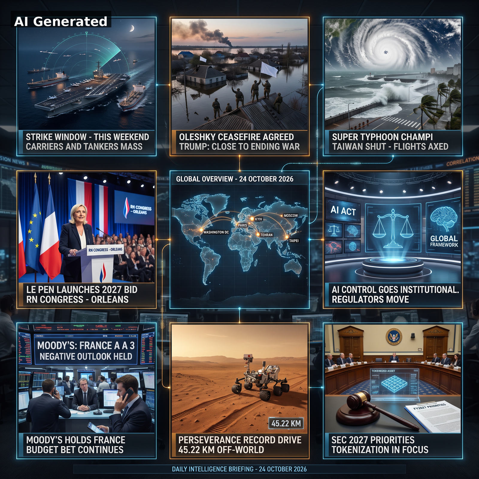 AI Generated - Nine-panel intelligence collage: strike window over Iran, Oleshky ceasefire, Typhoon Champi, Le Pen 2027 launch, global overview map, AI control institutional, Moody's France hold, Perseverance 45.22 km record, SEC 2027 tokenization priorities