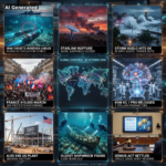 AI Generated - Nine-panel intelligence collage: Iran undersea cable threat, Starlink rupture, Storm Boelo UK, France 410,000 march, global overview map, Kimi K3.1 Pro release, Audi Georgia plant, world's oldest shipwreck, GENIUS Act settled