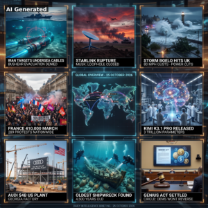 AI Generated - Nine-panel intelligence collage: Iran undersea cable threat, Starlink rupture, Storm Boelo UK, France 410,000 march, global overview map, Kimi K3.1 Pro release, Audi Georgia plant, world's oldest shipwreck, GENIUS Act settled