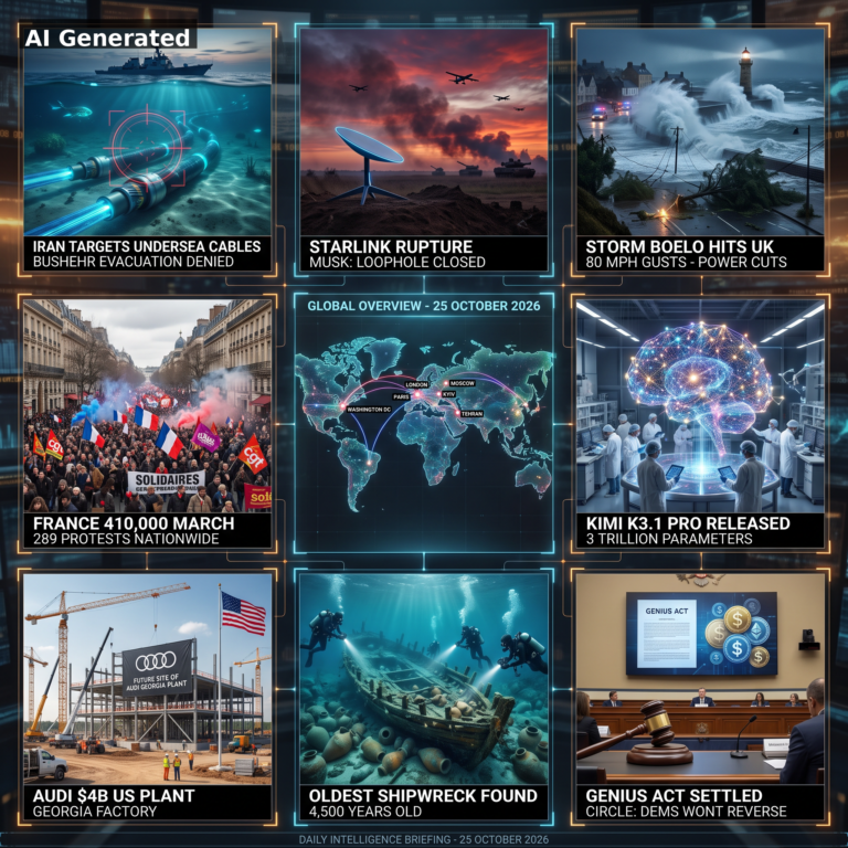 AI Generated - Nine-panel intelligence collage: Iran undersea cable threat, Starlink rupture, Storm Boelo UK, France 410,000 march, global overview map, Kimi K3.1 Pro release, Audi Georgia plant, world's oldest shipwreck, GENIUS Act settled