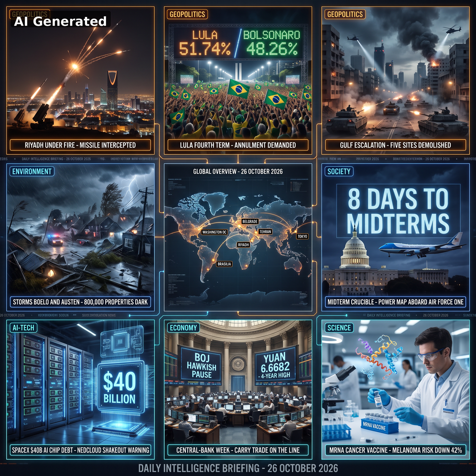 AI Generated - Nine-panel Daily Intelligence Briefing collage for 26 October 2026: Houthi missile intercepted over Riyadh, Lula wins fourth Brazilian term 51.74 to 48.26, Gulf escalation five sites demolished, storms Boelo and Austen cut power to 800,000 properties, global overview map, midterm countdown 8 days, SpaceX 40 billion AI chip debt with neocloud shakeout warning, central-bank week with BOJ hawkish pause and yuan at 6.6682 four-year high, mRNA cancer vaccine cuts melanoma risk 42 percent