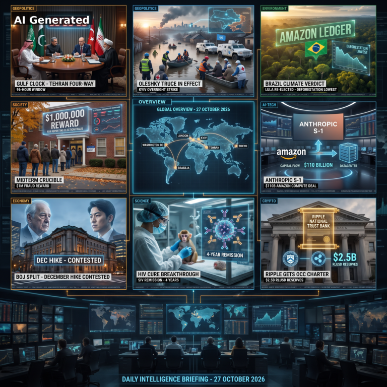 AI Generated - D149 Daily Intelligence Briefing cover: 9-panel collage - Gulf Clock Tehran four-way 96-hour window, Oleshky truce in effect, Brazil climate verdict Lula re-elected, midterm crucible $1M fraud reward, global overview map, Anthropic S-1 $110B Amazon compute deal, BOJ split December hike contested, HIV cure breakthrough 4-year remission, Ripple OCC charter $2.5B RLUSD reserves