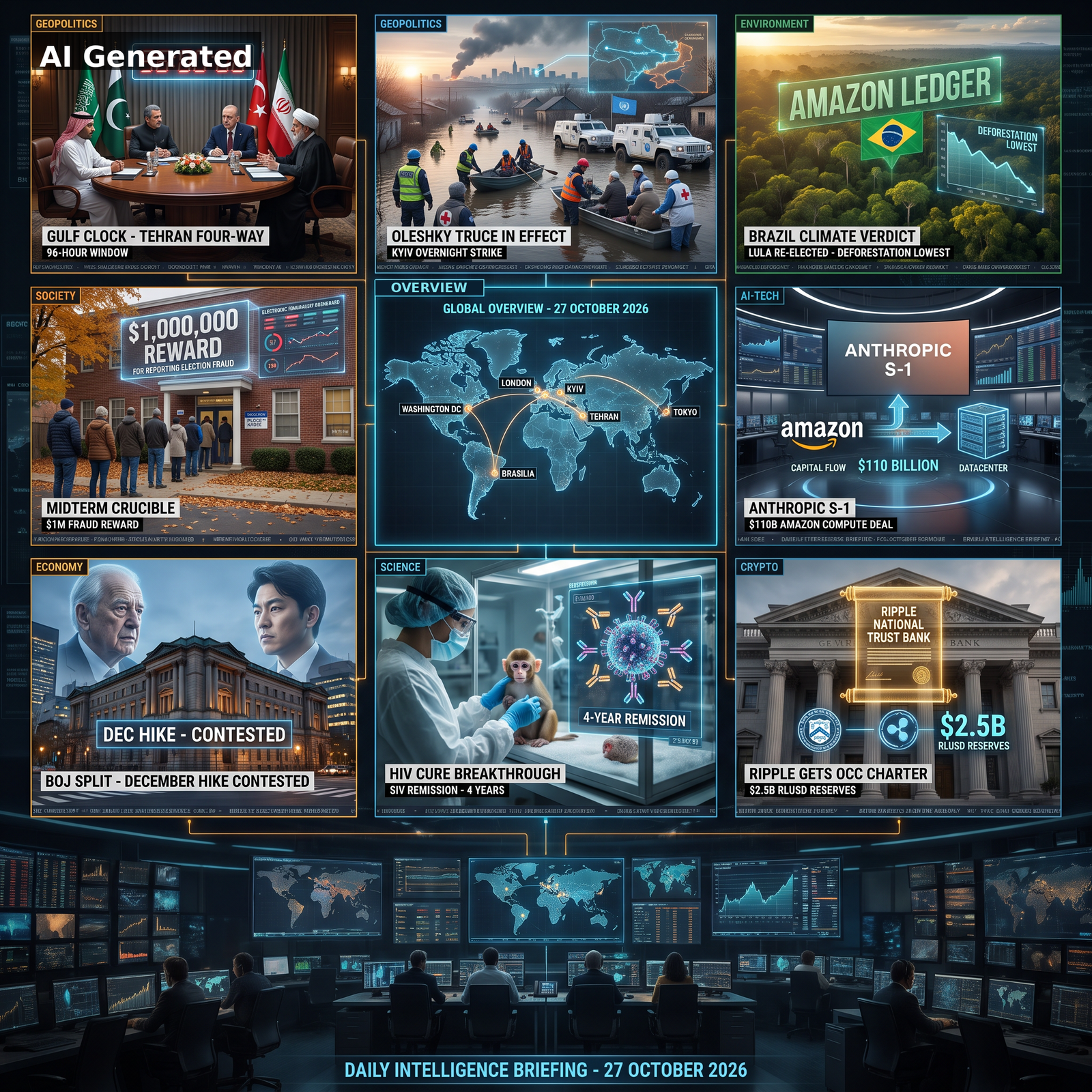 AI Generated - D149 Daily Intelligence Briefing cover: 9-panel collage - Gulf Clock Tehran four-way 96-hour window, Oleshky truce in effect, Brazil climate verdict Lula re-elected, midterm crucible $1M fraud reward, global overview map, Anthropic S-1 $110B Amazon compute deal, BOJ split December hike contested, HIV cure breakthrough 4-year remission, Ripple OCC charter $2.5B RLUSD reserves