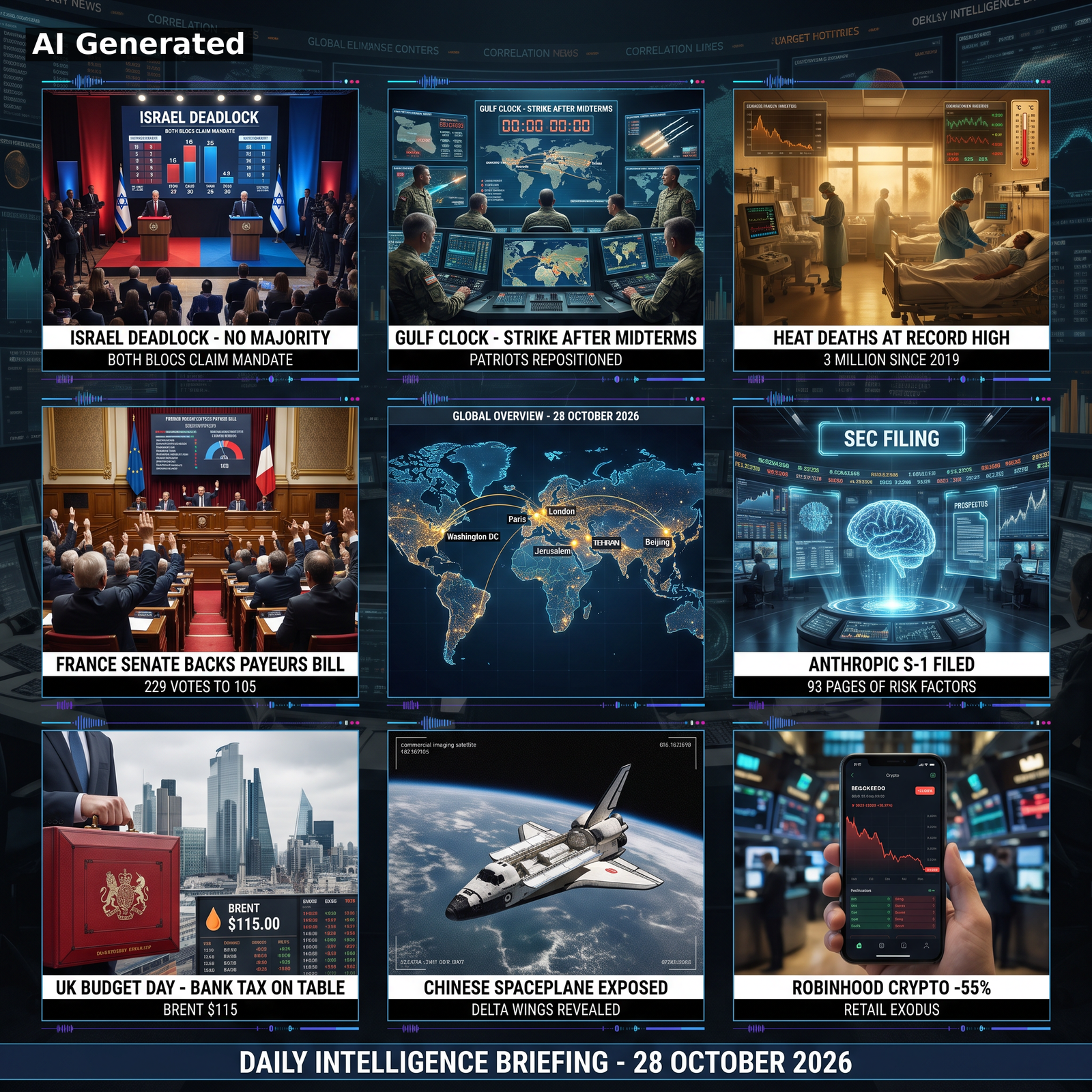 AI Generated - Nine-panel intelligence collage: Israel election deadlock, Gulf clock strike planning after midterms, record heat deaths, France Senate casseurs-payeurs vote, world map overview, Anthropic S-1 filing, UK budget day, Chinese spaceplane exposed, Robinhood crypto decline