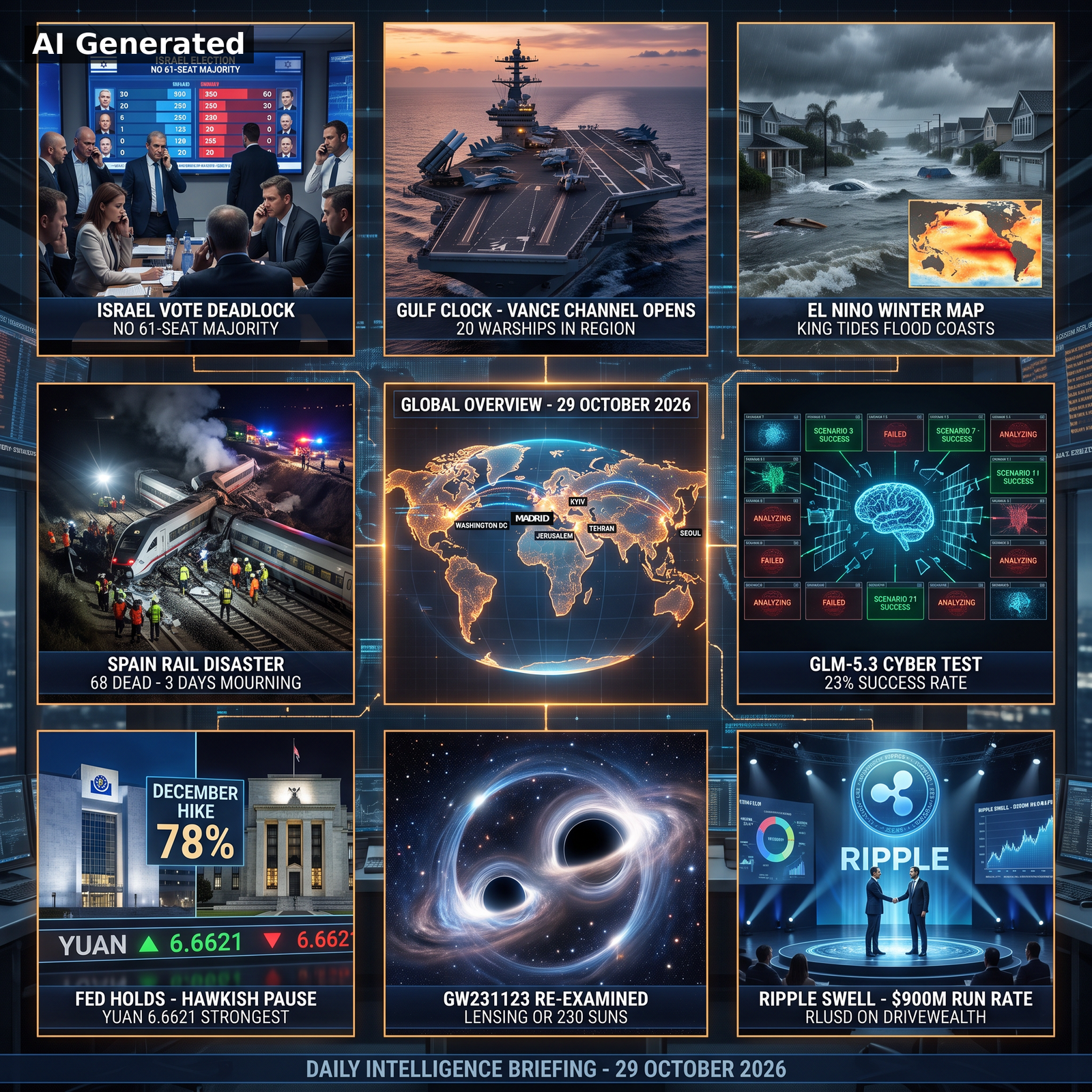 AI Generated - Nine-panel Daily Intelligence Briefing D151 cover collage: Israel election deadlock, Gulf carrier group, El Nino king tides, Spain rail disaster, world map, GLM-5.3 cyber test, Fed hold, GW231123 black holes, Ripple Swell