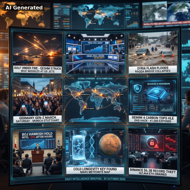 AI Generated - Nine-panel Daily Intelligence Briefing cover for 30 October 2026: US strikes on Qeshm Island in the Strait of Hormuz, Israel's deadlocked election result 53-48-19, Syria flash floods in Raqqa, Germany's Gen Z protests, holographic world map with nodes at Washington DC, Tehran, Jerusalem, Berlin, Tokyo and Rio de Janeiro, Gemini 4 Carbon benchmark and DHS hack, Bank of Japan hawkish hold with Intel down 23 percent, cold longevity research and Mars meteorite map, and the record $6.3 billion Binance breach with 167,464 ETH drained.