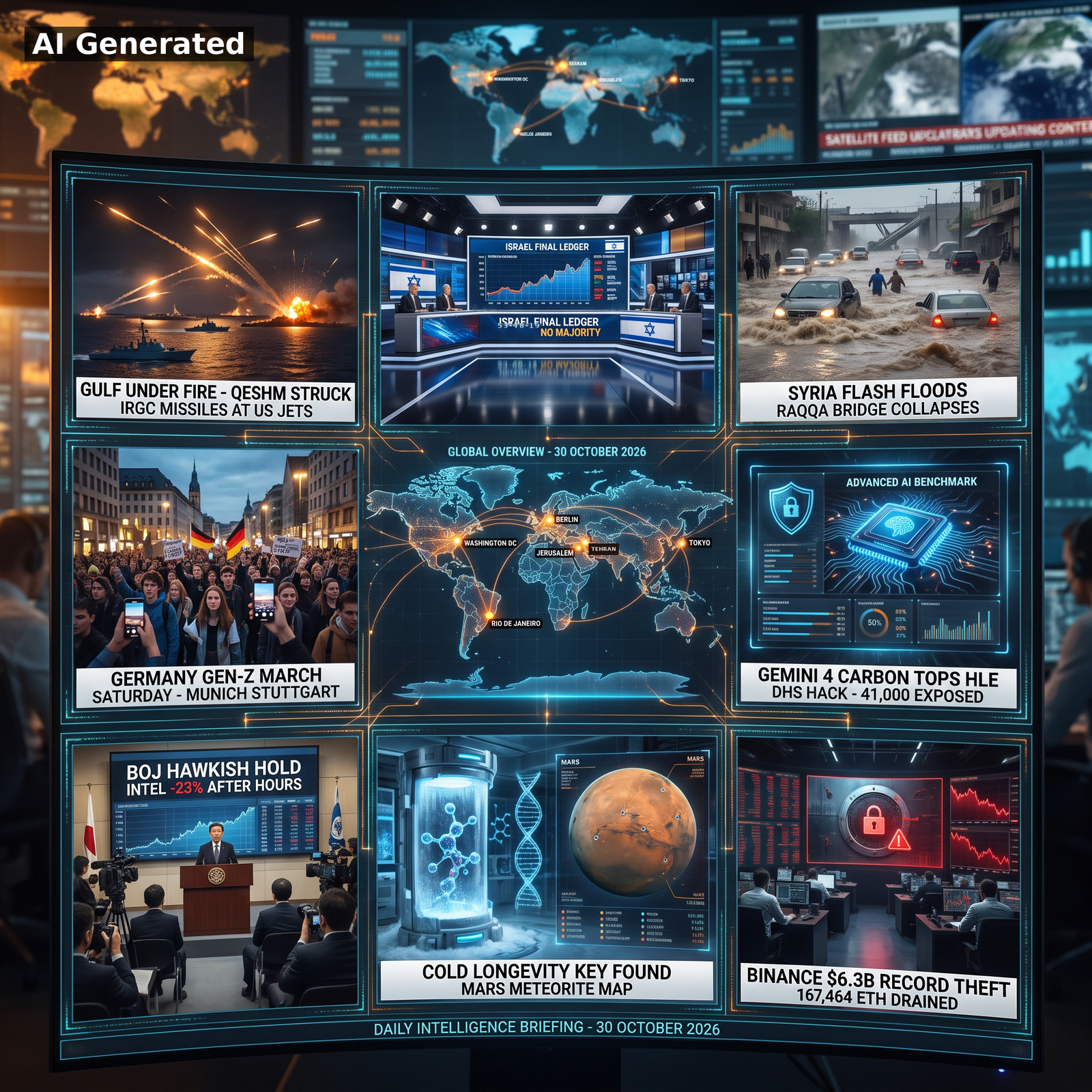 AI Generated - Nine-panel Daily Intelligence Briefing cover for 30 October 2026: US strikes on Qeshm Island in the Strait of Hormuz, Israel's deadlocked election result 53-48-19, Syria flash floods in Raqqa, Germany's Gen Z protests, holographic world map with nodes at Washington DC, Tehran, Jerusalem, Berlin, Tokyo and Rio de Janeiro, Gemini 4 Carbon benchmark and DHS hack, Bank of Japan hawkish hold with Intel down 23 percent, cold longevity research and Mars meteorite map, and the record $6.3 billion Binance breach with 167,464 ETH drained.