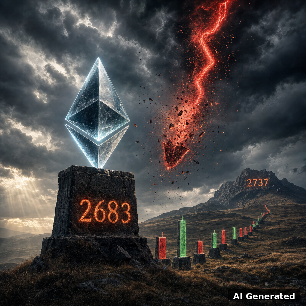 AI generated symbolic artwork: colossal crystal Ethereum diamond monument on a dark pedestal engraved 2683, a crimson lightning arrow shattering into embers above it, distant ridge carved 2737, candlestick monuments under a storm sky
