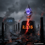 AI generated symbolic artwork: colossal Ethereum diamond monument on a volcanic obsidian plain holding the 2,315 level under a crimson lightning strike, deeper 2,276 zone carved on the distant cliff, candlestick pillars marking the path
