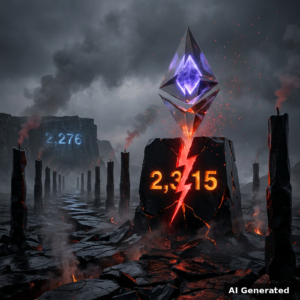 AI generated symbolic artwork: colossal Ethereum diamond monument on a volcanic obsidian plain holding the 2,315 level under a crimson lightning strike, deeper 2,276 zone carved on the distant cliff, candlestick pillars marking the path