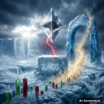 AI generated symbolic artwork: a crystal Ethereum diamond monument hovering above a glacier-ice pedestal engraved 2,405, a pale-gold ember rally dissolving into sparks before the towering ice gate arch engraved 2,552, and 2,662 carved on a distant ice monolith.