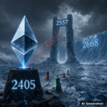 AI generated symbolic artwork: colossal crystal Ethereum diamond monument on a glacier ice field, ember rally surge dissolving before the 2557 resistance ice gate, 2405 floor pedestal, 2668 weekly ceiling carved on the distant ice wall, candlestick-monument path
