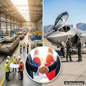 KI-generiertes Titelbild der Südkorea-Türkei-Partnerschaft, Teil 2 — Panzerproduktion, Tarnjet, Handschlag