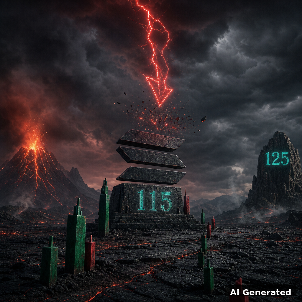 AI generated symbolic artwork: colossal Solana emblem monument on a volcanic plain holding the 115 support shelf as a red sell-off arrow shatters above it, target 125 carved on a distant monolith