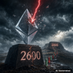 AI generated symbolic artwork: colossal crystal Ethereum diamond monument on a cracked storm-lashed plateau, its 2600 pedestal struck by a red lightning arrow as the level breaks, 2405 target carved on the distant butte, candlestick-stone path