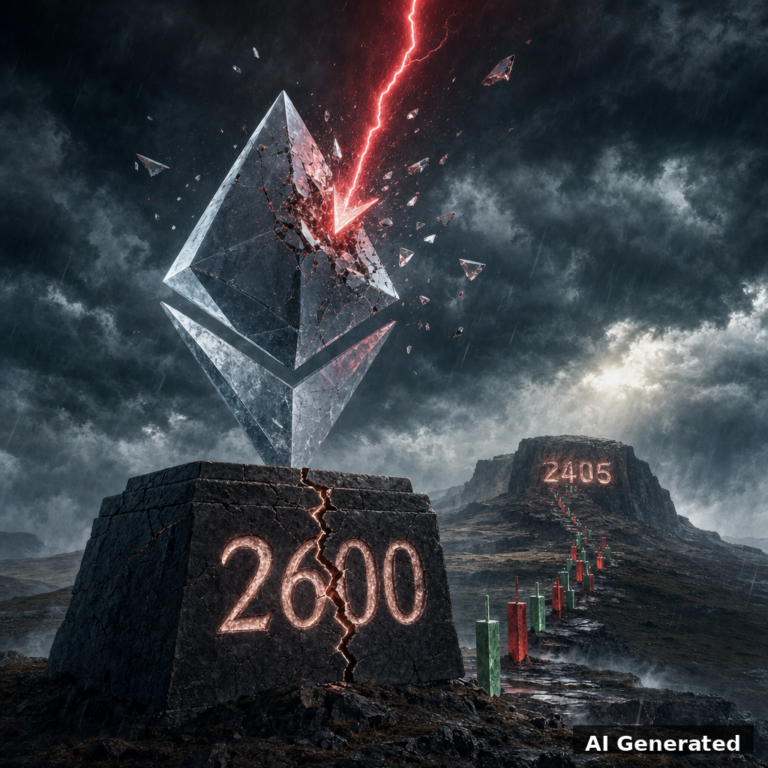 AI generated symbolic artwork: colossal crystal Ethereum diamond monument on a cracked storm-lashed plateau, its 2600 pedestal struck by a red lightning arrow as the level breaks, 2405 target carved on the distant butte, candlestick-stone path