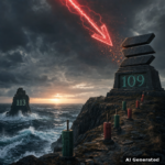 AI generated symbolic artwork: colossal Solana three-bar stone monument on a storm-lashed coastal cliff, pedestal engraved glowing 109, a red energy arrow shattering into embers above it before contact, the numerals 113 carved on a distant sea stack, candlestick-shaped stone monuments lining the cliff path above a churning dark sea