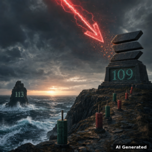 AI generated symbolic artwork: colossal Solana three-bar stone monument on a storm-lashed coastal cliff, pedestal engraved glowing 109, a red energy arrow shattering into embers above it before contact, the numerals 113 carved on a distant sea stack, candlestick-shaped stone monuments lining the cliff path above a churning dark sea