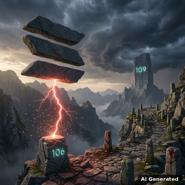 AI generated symbolic artwork: colossal Solana three-bar stone monument on a mountain cliff, pedestal engraved 106 holding while a red lightning arrow shatters before touching it, distant peak carved 109 marking the ceiling, candlestick stone path, storm clouds