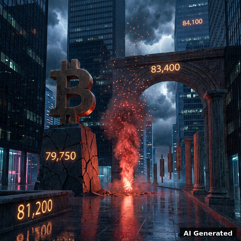 AI generated symbolic artwork: bronze Bitcoin coin monument holding the 79,750 floor in a futuristic rain-slick city plaza while the crimson squeeze surge dissolves before the 83,400 gate; 81,200 ledge and 84,100 reclaim gate carved nearby