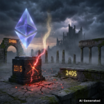 AI generated symbolic artwork: a colossal crystal Ethereum diamond monument hovering above a cracked ancient-ruins pedestal engraved 2315, the red lightning bolt of the overnight flush shattered into embers while a pale-gold rebound glow dissolves before the 2486 fade-gate arch, 2405 mid ledge and 2554 distant colonnade