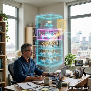 Business owner at a sunlit desk with a holographic AI agent federation tower, cyan and magenta, AI generated