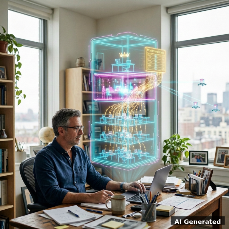 Business owner at a sunlit desk with a holographic AI agent federation tower, cyan and magenta, AI generated