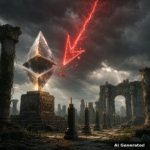 AI generated symbolic artwork: colossal crystalline Ethereum diamond monument on a pedestal engraved 2683 amid overgrown ancient temple ruins, a red lightning arrow shattering into embers above it, the numeral 2737 carved on a distant archway, candlestick-shaped stone monuments under a storm sky