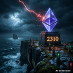 AI generated symbolic artwork: a crystal Ethereum diamond monument on a stone pedestal engraved 2310 at a storm-lit coastal cliff edge, a red lightning arrow shattering into embers above it and a distant sea stack carved 2450