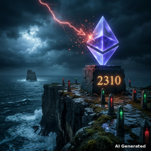 AI generated symbolic artwork: a crystal Ethereum diamond monument on a stone pedestal engraved 2310 at a storm-lit coastal cliff edge, a red lightning arrow shattering into embers above it and a distant sea stack carved 2450
