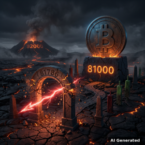 AI generated symbolic artwork: a bronze Bitcoin coin monument on a stone pedestal engraved 81000 on a volcanic plain, a shattered stone gate carved 81786 struck by a red lightning arrow and 82000 glowing on the distant crater rim